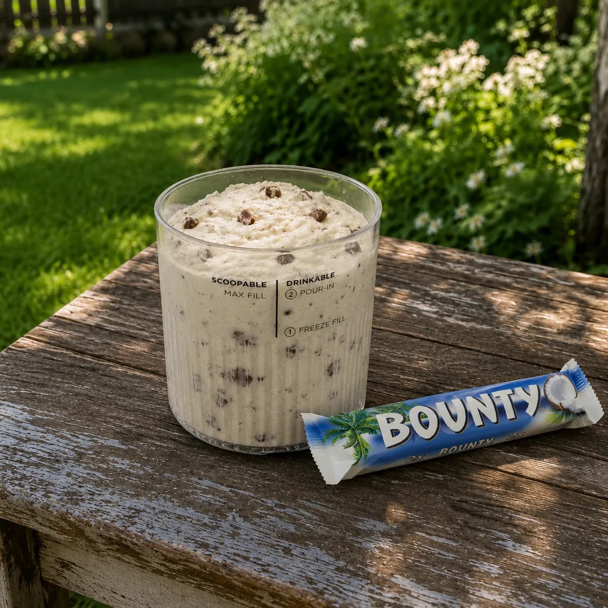 Bounty proteinglass i Ninja Creami-behållare med hackad mjölkchoklad och riven kokos som mix-in