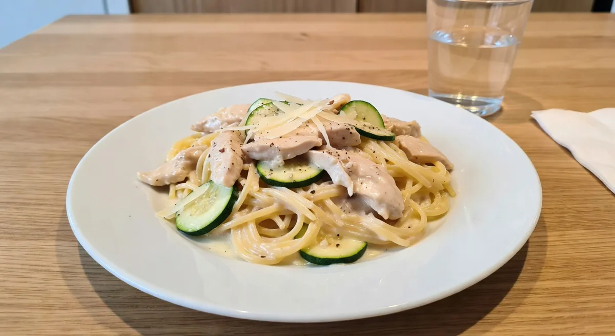 Krämig kycklingcarbonara med zucchini serverad på en tallrik