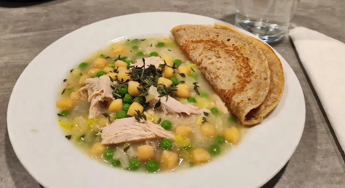 Ärtsoppa med kyckling och kikärter samt havrepannkakor