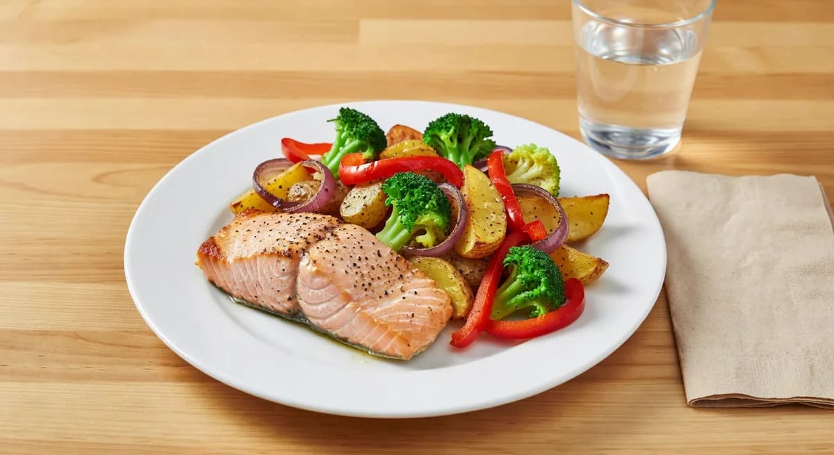 Ugnsbakad lax med rostad potatis och grönsaker