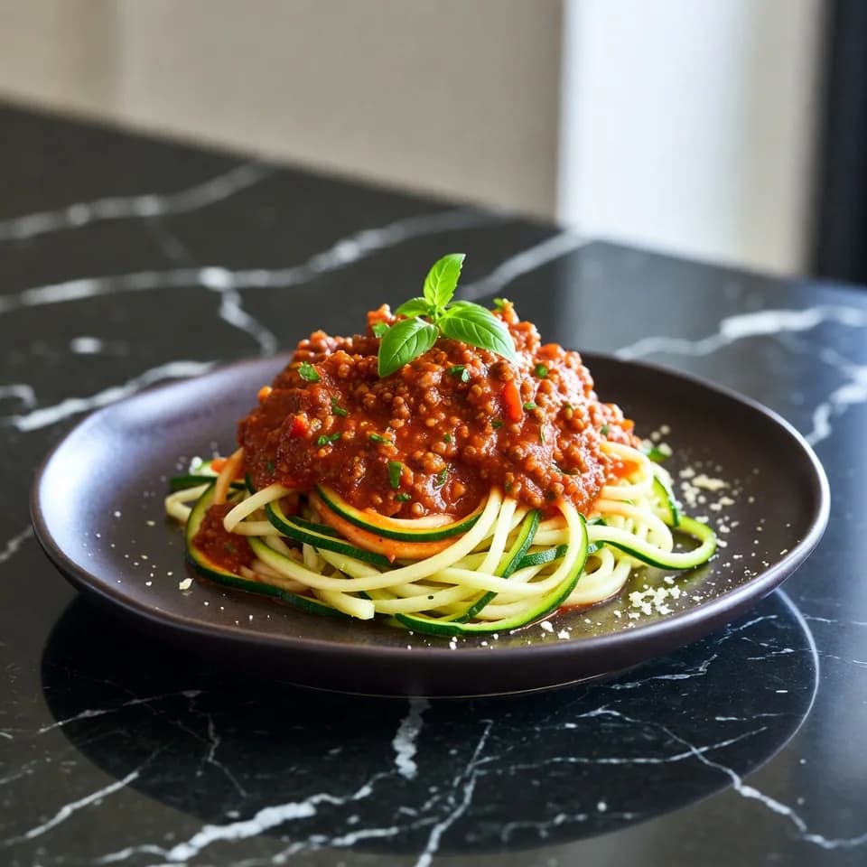 Köttfärssås med zucchini-spaghetti serverad på en tallrik