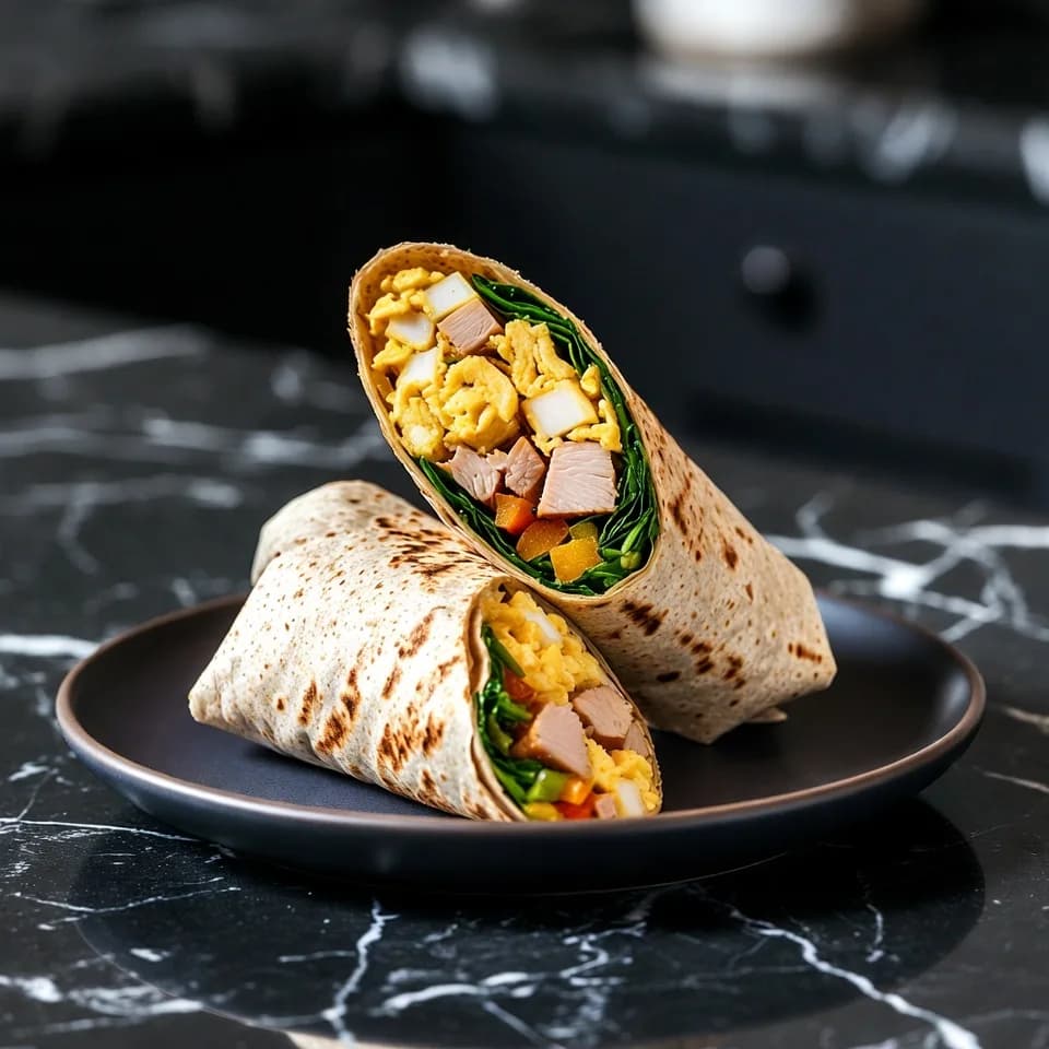 Frukostburrito med äggvita och kalkon fylld med grönsaker och salsa