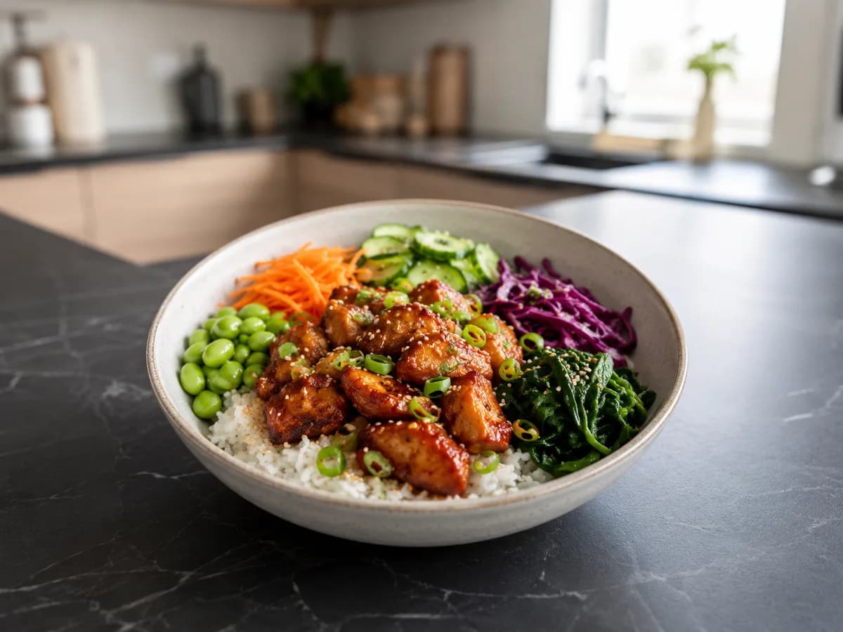 Koreansk kycklingbowl med grönsaker och ris