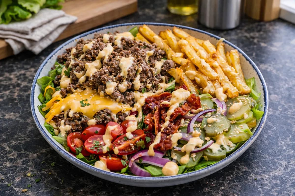 Proteinrik cheeseburgarskål med nötfärs, potatis och krämig dressing