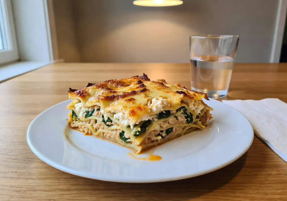 Krämig kycklinglasagne med spenat serverad på en tallrik