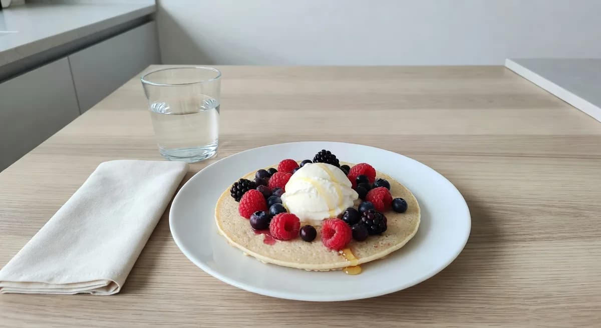 Fluffiga pannkaksbowl med färska bär och yoghurt