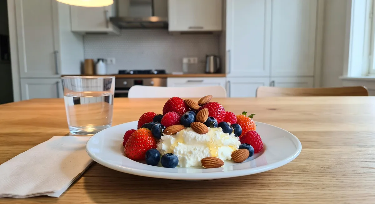 Cottage cheese-skål med bär och nötter