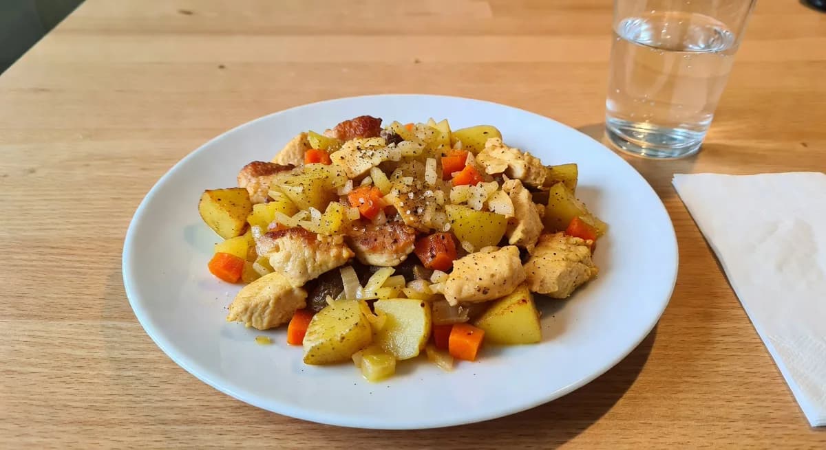 Pytt i panna med kyckling och grönsaker i en stekpanna