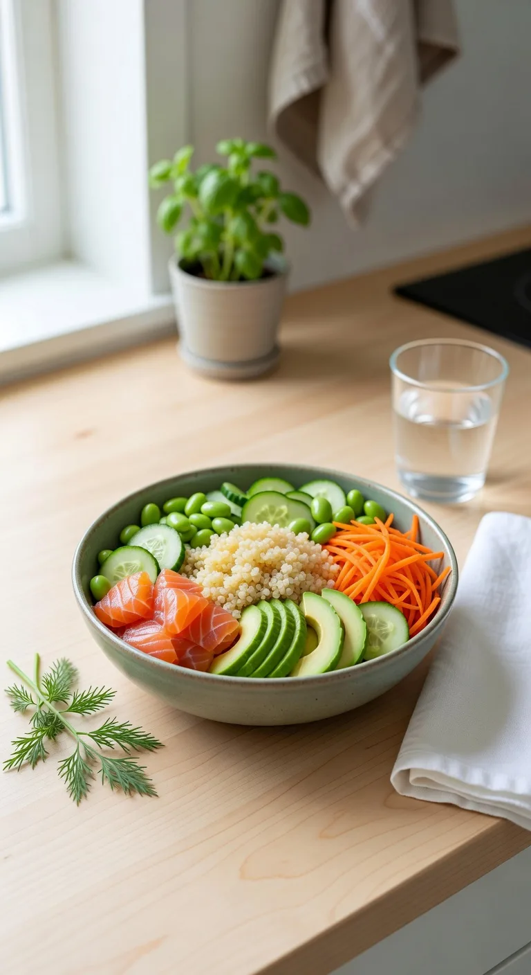 Poké Bowl med lax, quinoa och färska grönsaker