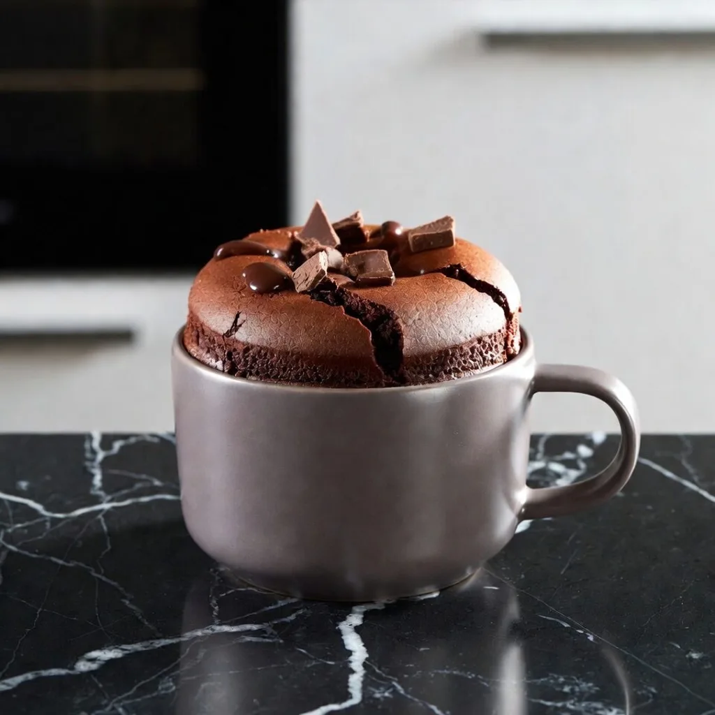 Chokladmuggkaka med protein serverad i en mugg