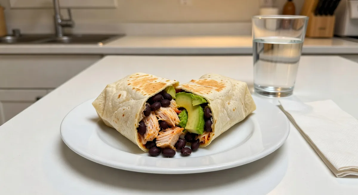 Kryddig kycklingburrito med svarta bönor och avokado
