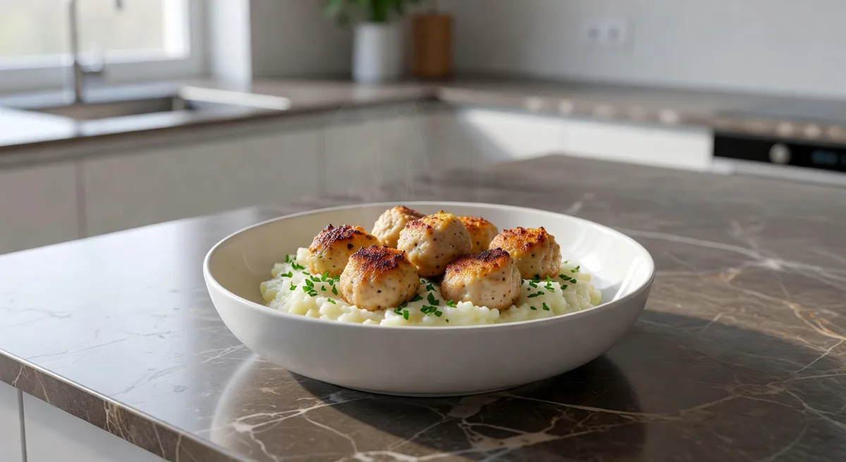 Kycklingköttbullar med blomkålsmos serverade på en tallrik
