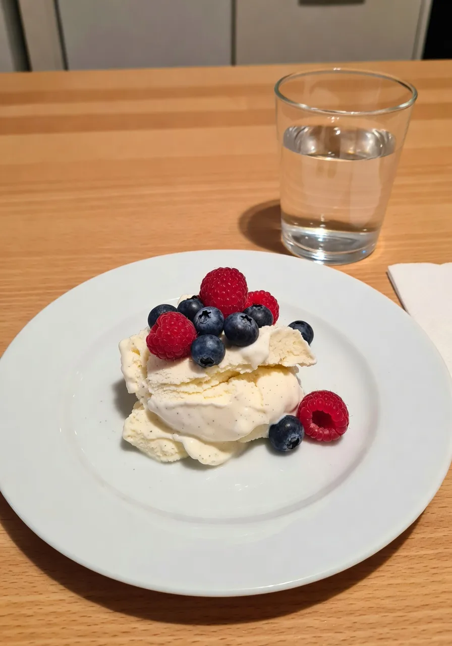 Krämig glass med vanilj och protein serverad med färska bär