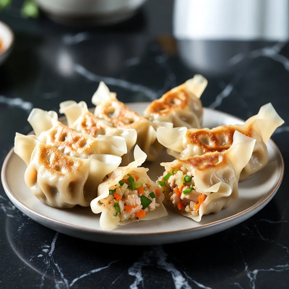 Kycklinggyoza med krispig grönsaksfyllning serverad på en tallrik
