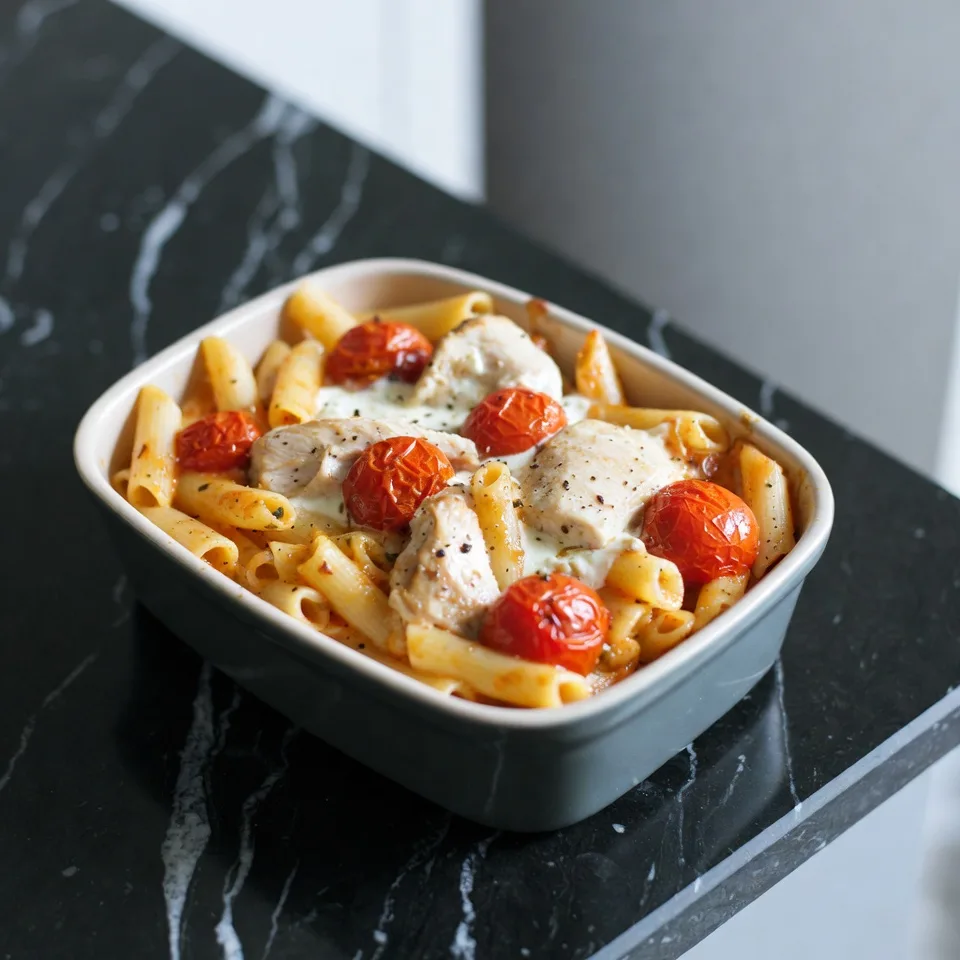 Krämig ugnsbakad kycklingpasta med fetaost och tomater