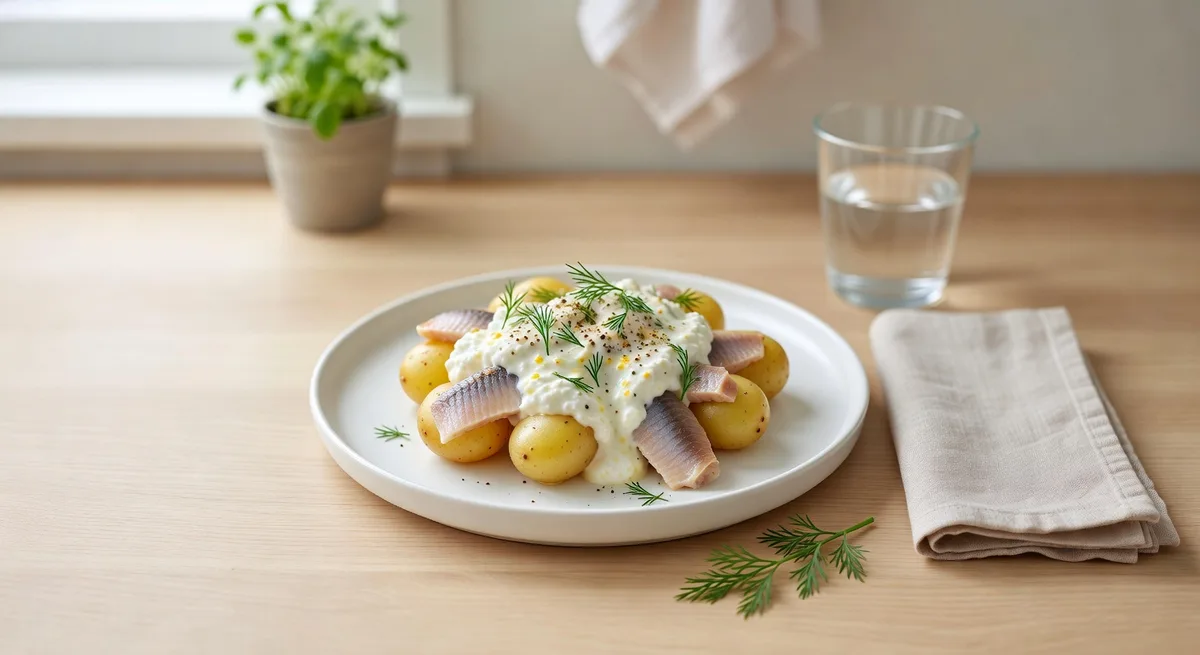 Sill med potatis och krämig kvargdressing serverad på tallrik