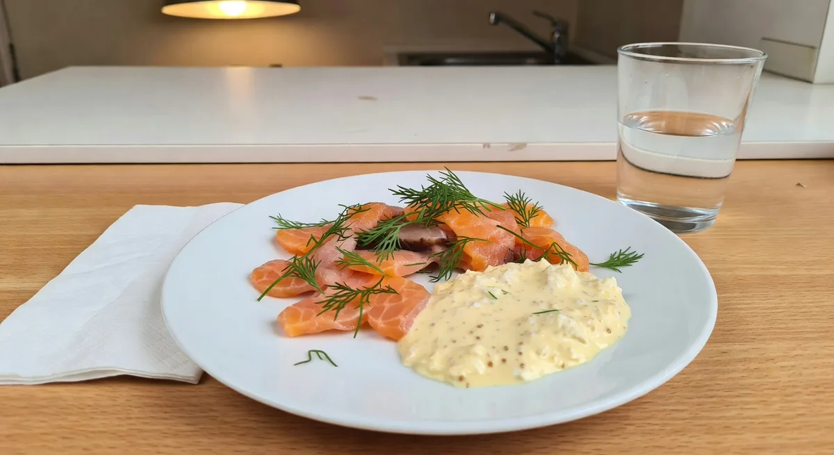 Gravad lax med krämig kvargsås och dill serverad på tallrik