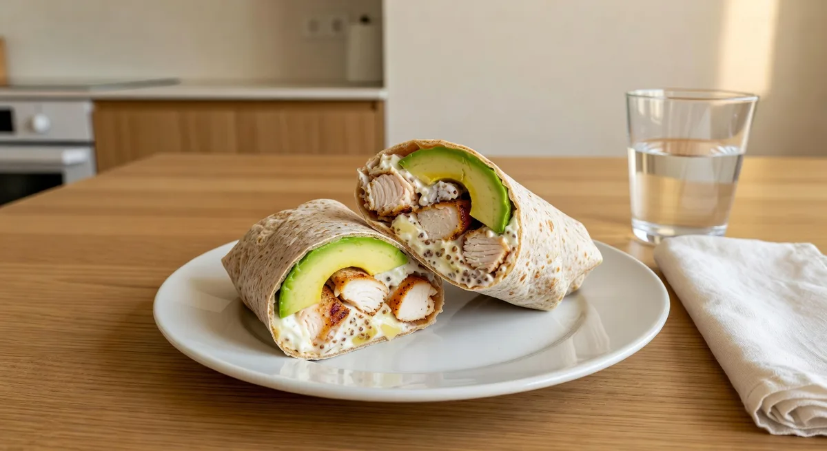 Kycklingwrap med avokado och kvargdressing på en tallrik