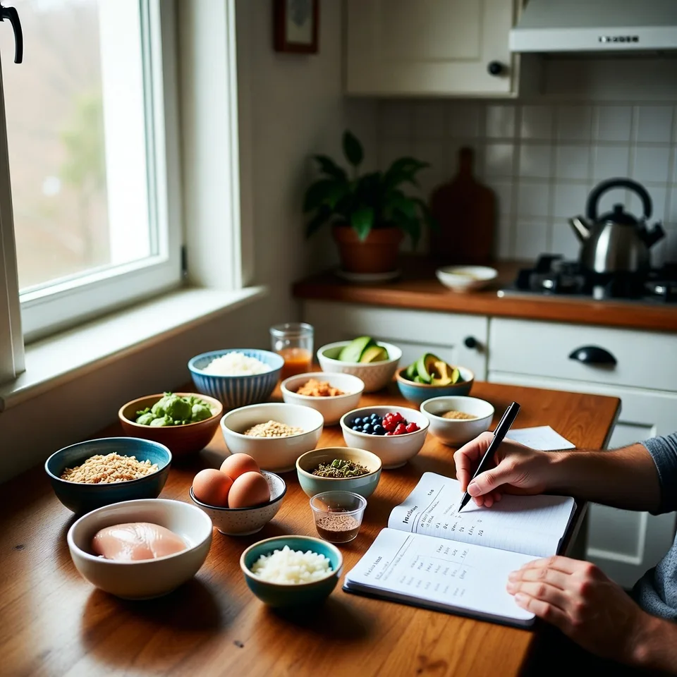 Person i ett hemmakök som planerar sin kost med råvaror på bordet.