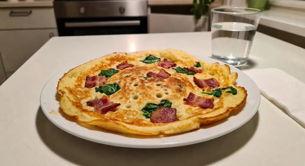 Ugnspannkaka med kalkonbacon och spenat serverad på en tallrik