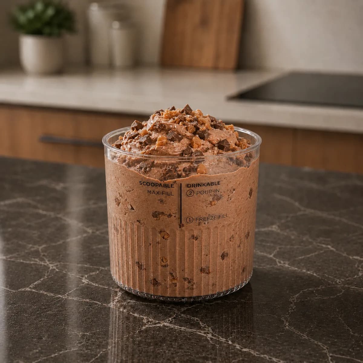 Ninja Creami proteinglass med mjölkchoklad, havssalt och krossad Daim i en genomskinlig burk