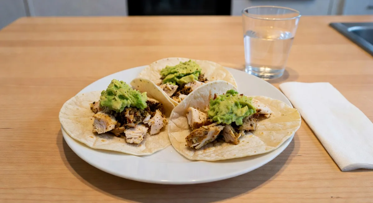 Kryddiga kycklingtacos med avokadosalsa serverade på ett fat