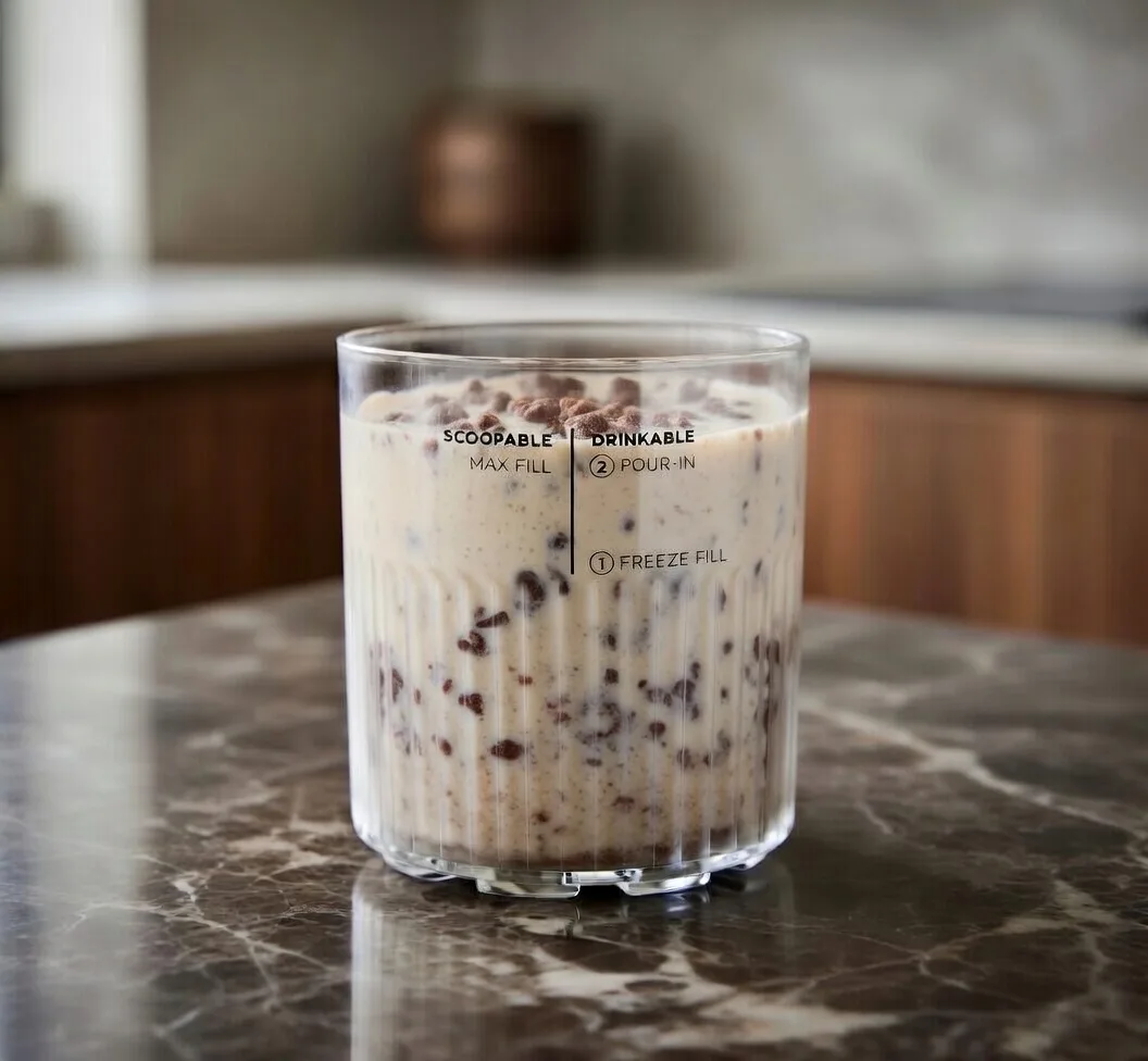 En skål med krämig vaniljglass toppad med krossad Daim