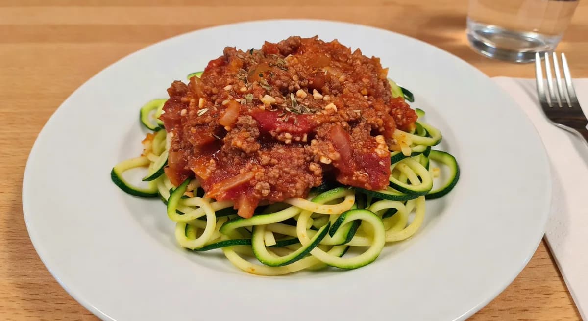 Köttfärssås med zucchini-spaghetti serverad på en tallrik