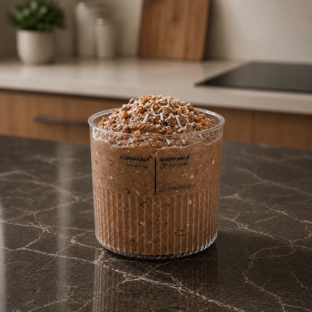 Ninja Creami-glass med chokladbollssmak, kokosflingor och krossade havrekakor i en vit burk