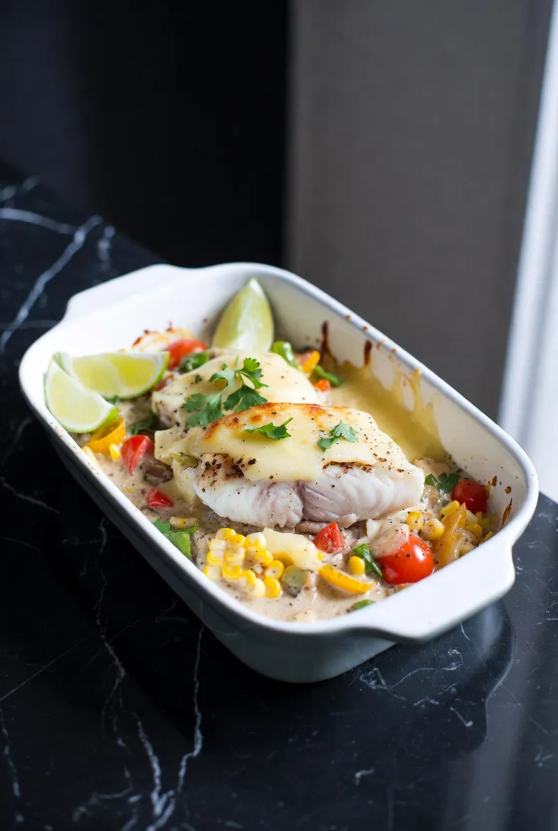 Tacogratinerad fisk med grönsaker i ugn