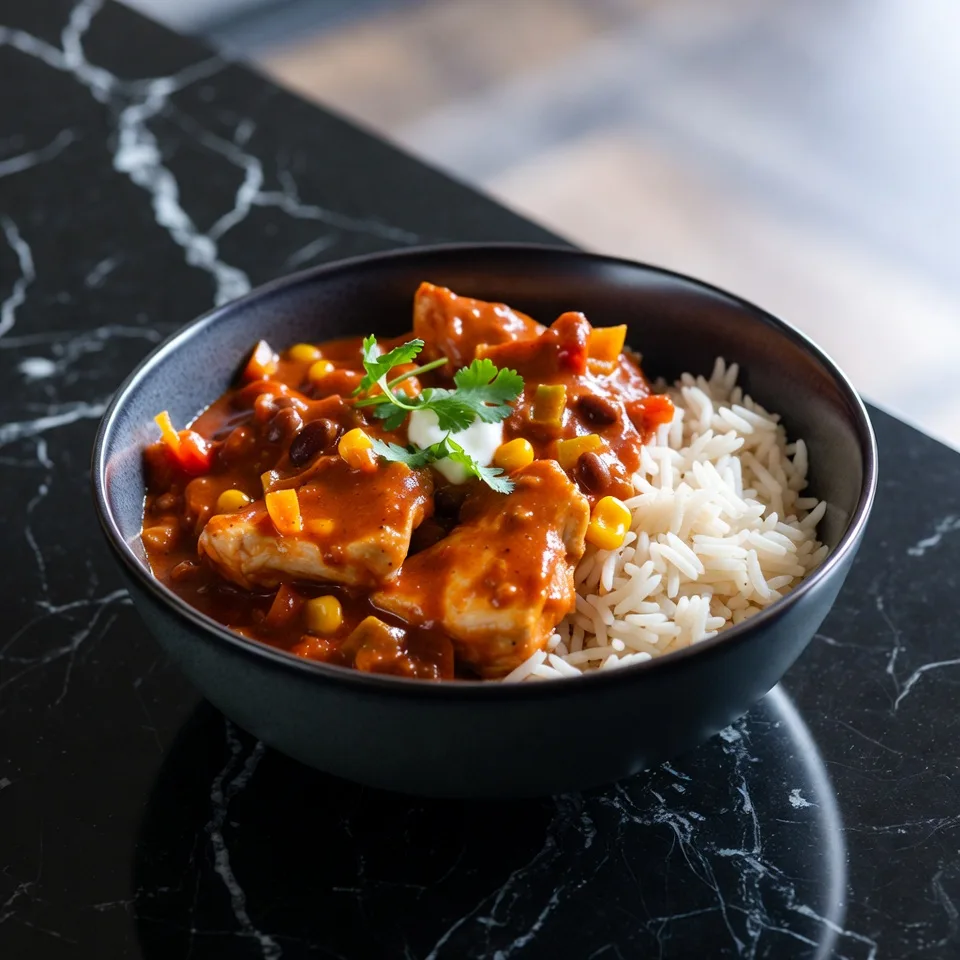 Krämig tacogryta med kyckling och ris serverad i en skål