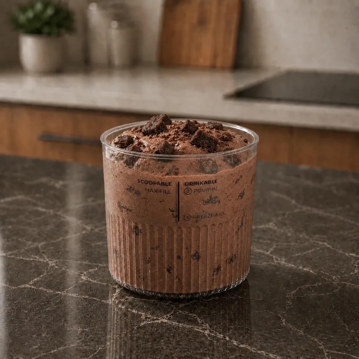 Ninja Creami proteinglass med kladdkakssmak och brownie-bitar i glassburk