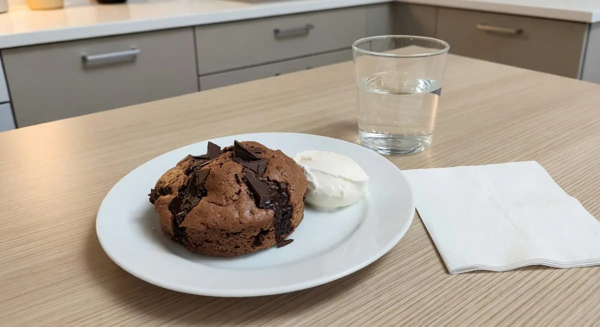 Chokladmuggkaka med protein serverad i en mugg
