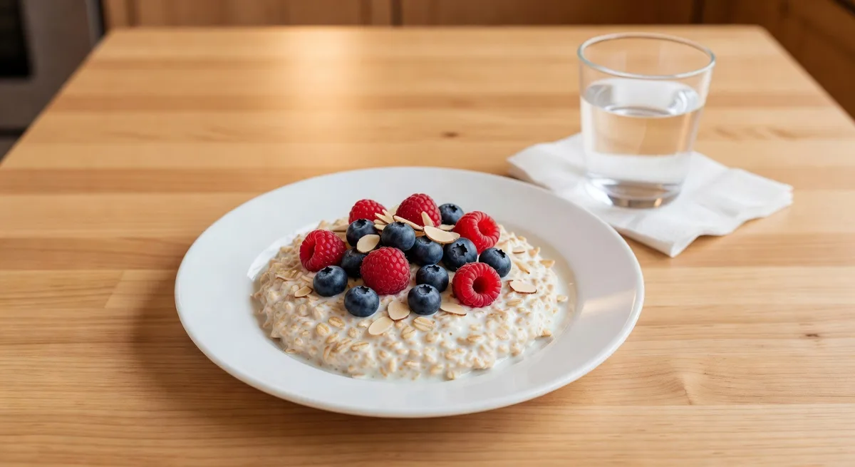 En skål med krämiga havregryn toppade med bär och mandlar