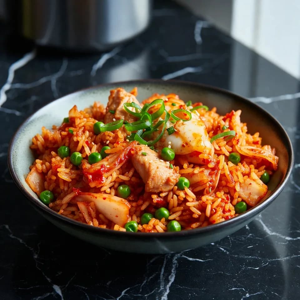 Kimchiris med kyckling och gröna ärtor på en tallrik