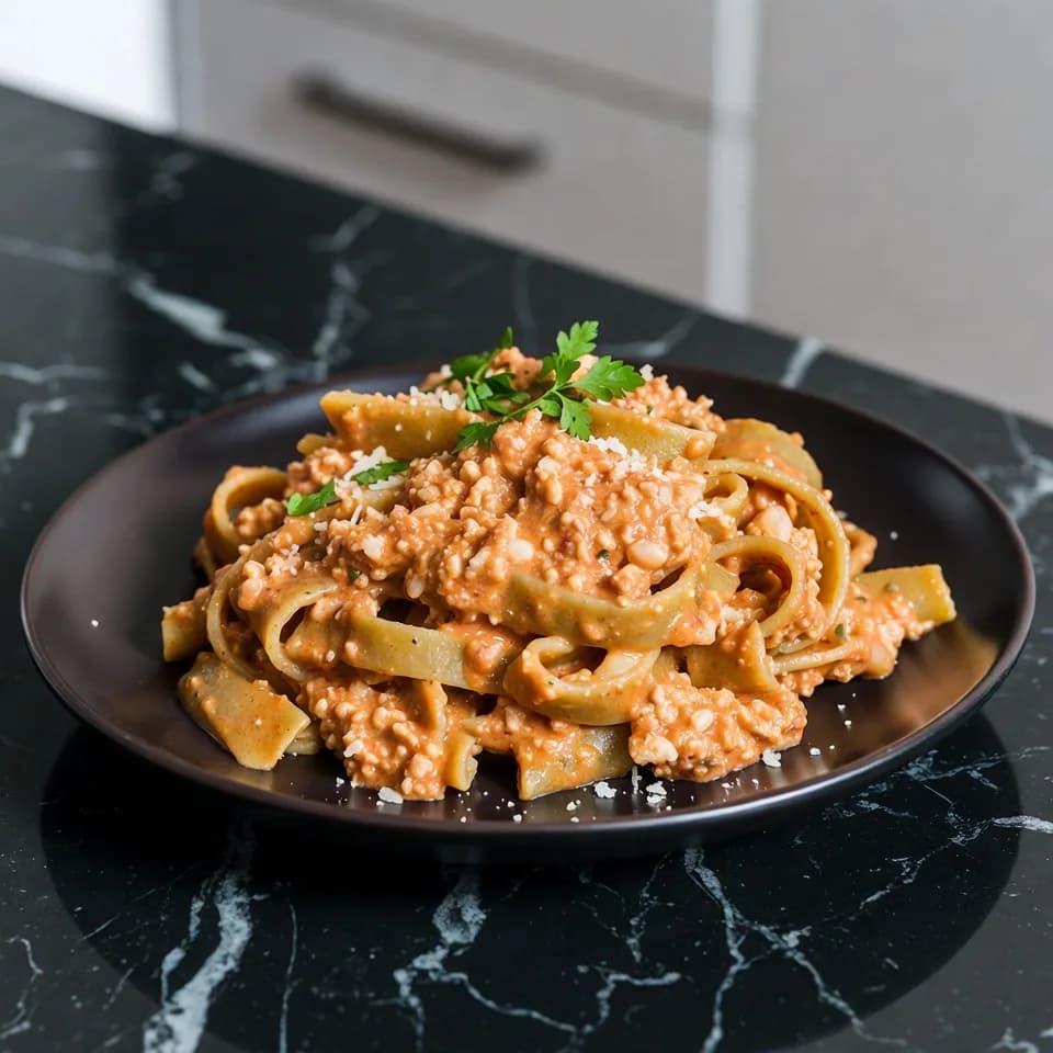 Krämig kycklingfärssås med bönpasta serverad på en tallrik