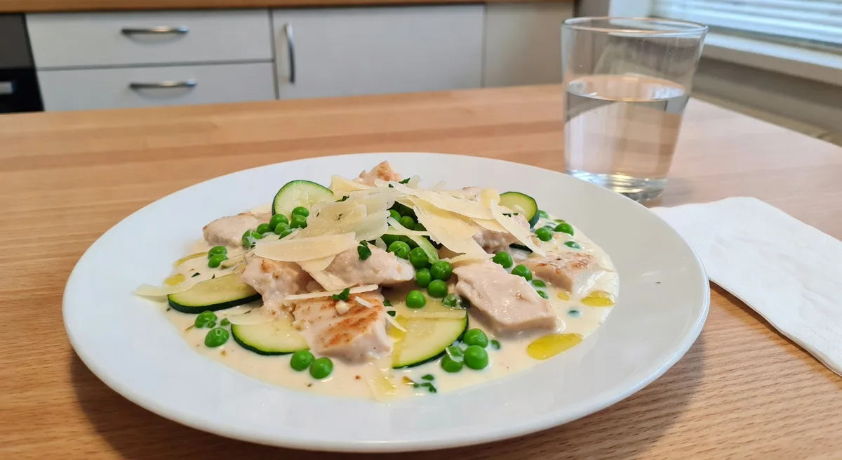 Krämig kyckling Alfredo med zucchini och ärtor
