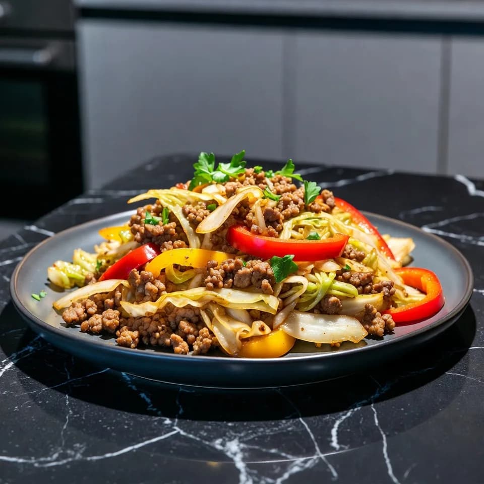 Köttfärs-vitkålsfräs med kalkon och paprika serverad på en tallrik