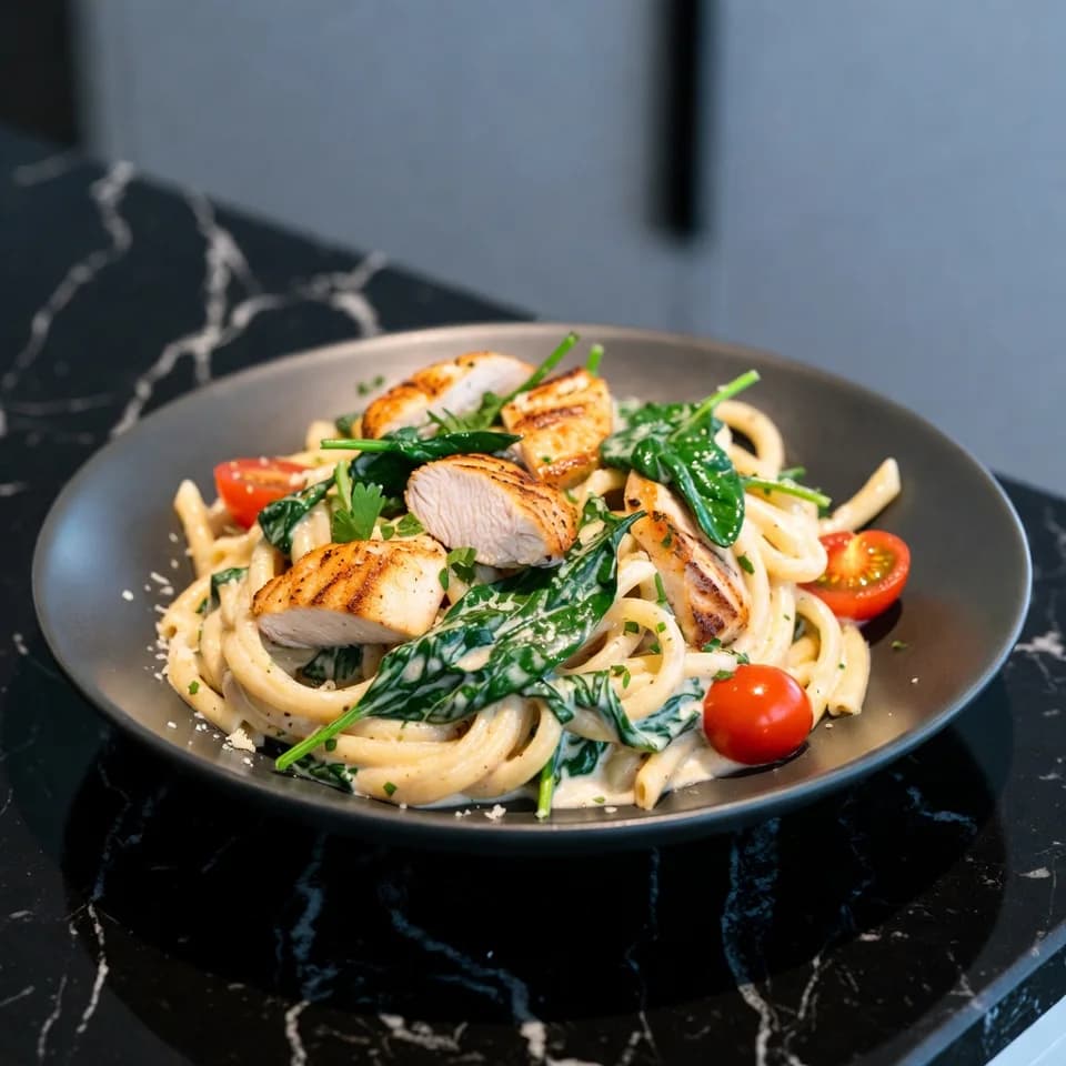 Krämig kycklingpasta med spenat och tomat på en tallrik