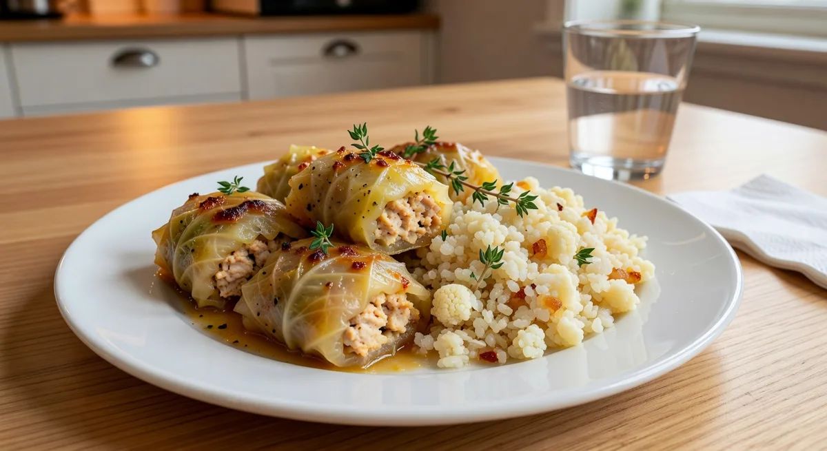 Kåldolmar med kycklingfärs och blomkålsris serverade på en tallrik