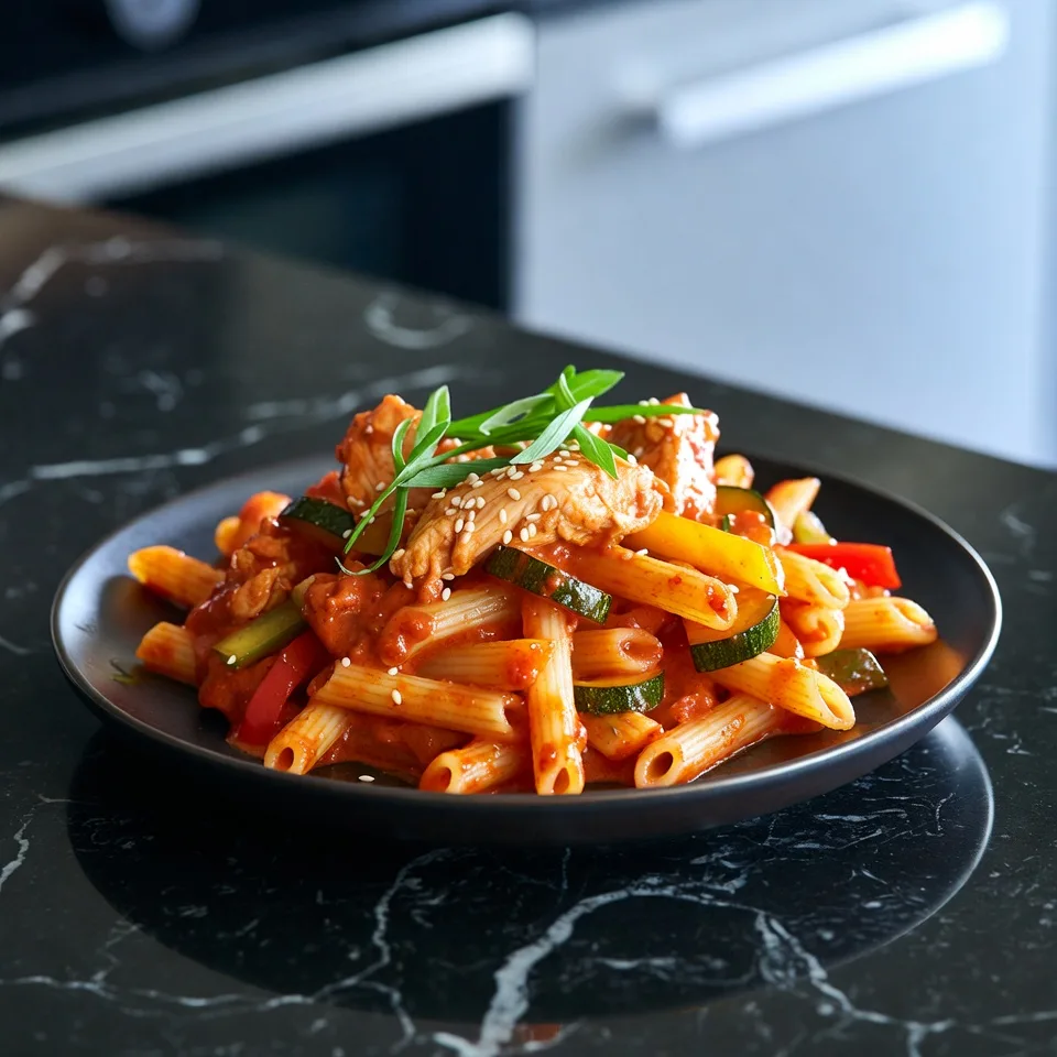 Kryddig Gochujang-kycklingpasta med grönsaker på tallrik